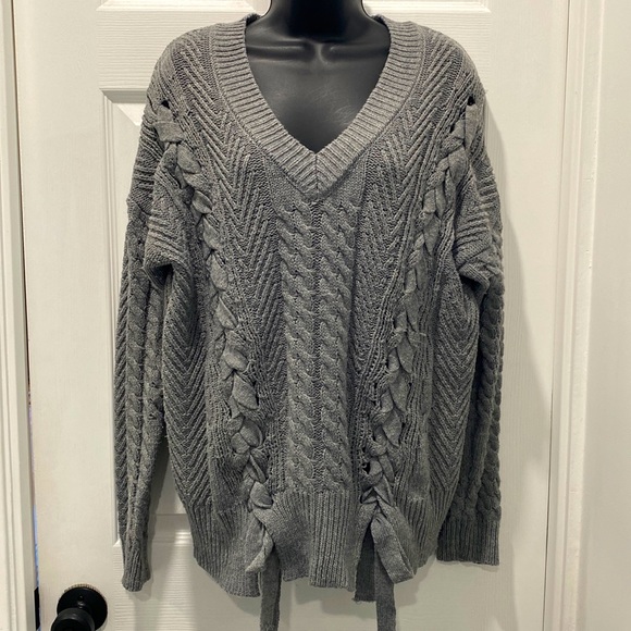 Elan Sweaters - Elan Cable Knit Lace Up Detail Long Sleeve Sweater